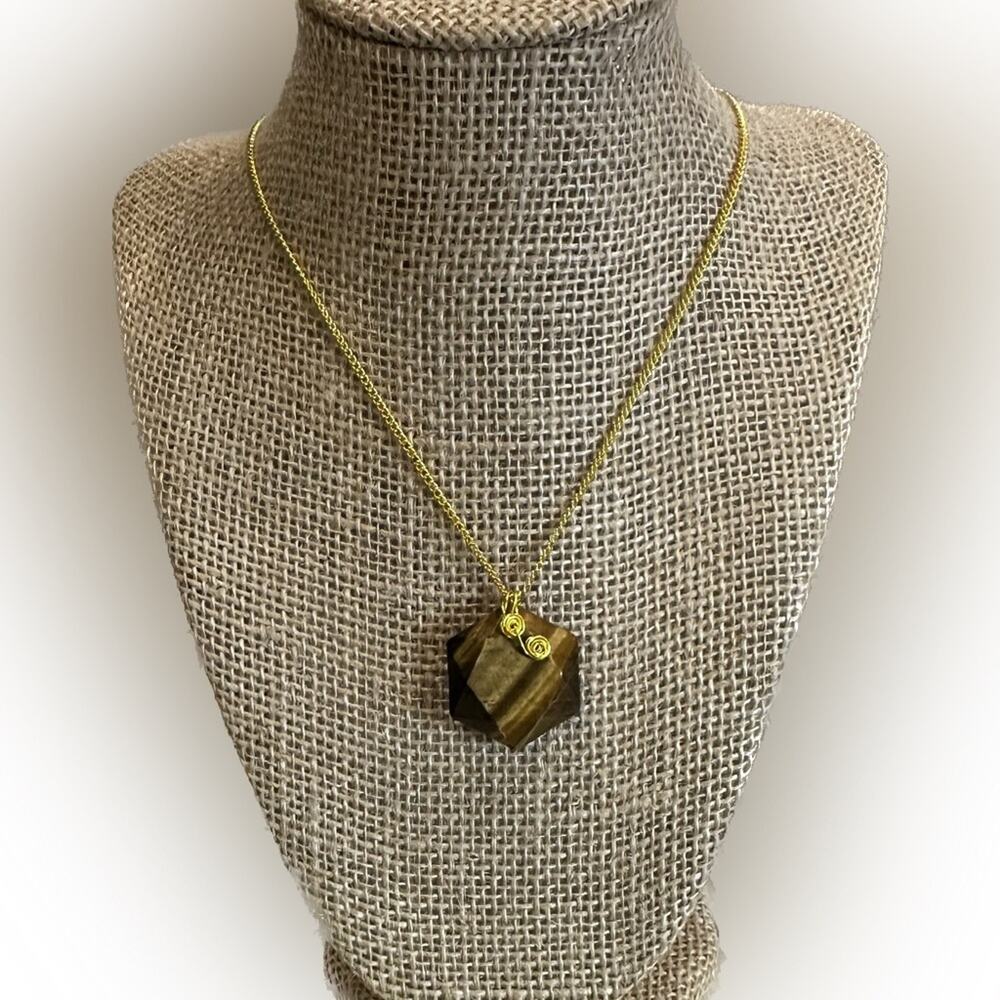 Handcrafted gold plated chain tiger‎ eye pendant necklace 18” chain